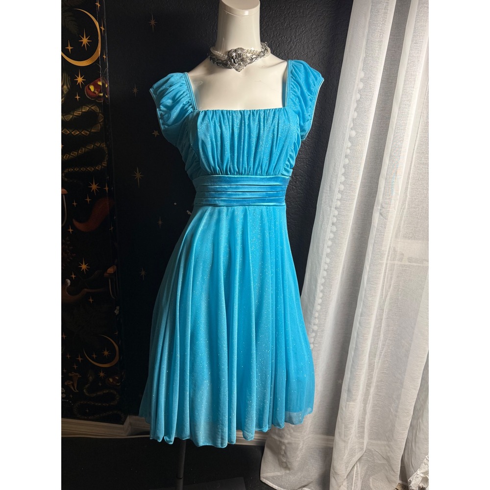 Jody California Turquoise Blue Glitter Sparkle Ruched Party Dress Women Small